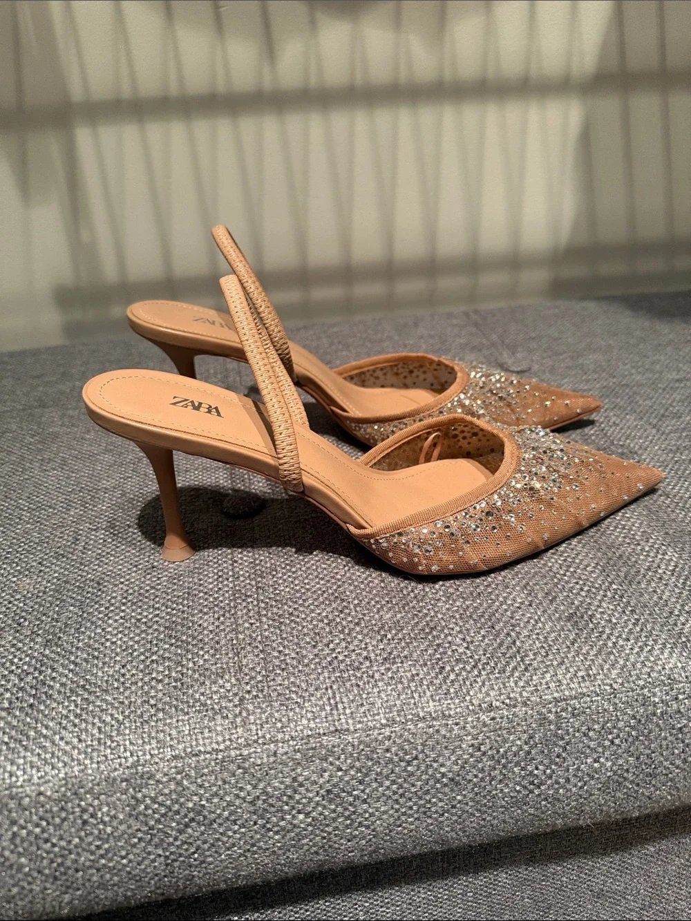 Zara Crystal-Embellished Tan Slingback Pointed Heels - Picture 2 of 5